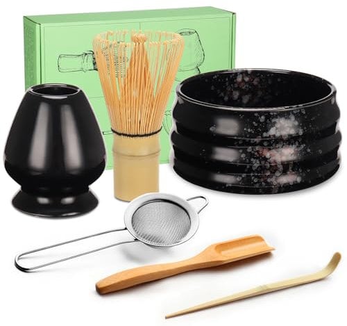 Geebuzz Matcha Whisk Set - Matcha Bowl and Bamboo Matcha Whisk, Scoop, Spoon, Sifter, Whisk Holder, 6pcs Perfect Matcha Starter Kit for Matcha Tea Ceremony (Black)