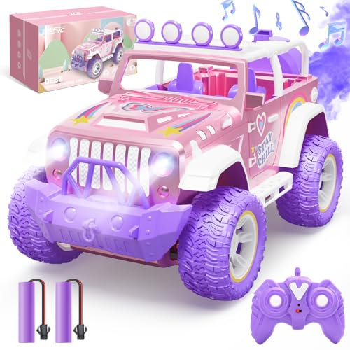 DEERC Pink Remote Control Car for Girls with Fog Mist & Music, 1:16 RC Car with LED Lights for Kids, 2.4Ghz All Terrain SUV Truck Gifts, Off-Road Racing Vehicle ToyCar, Girls Toys