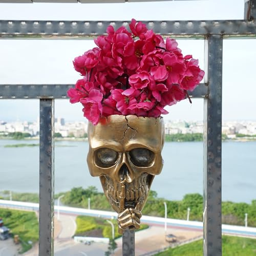 Skull Wall Planter,Skull Shaped Hanging Resin Planter Pot Home Decor Gift,Funny Design Flower Pot for Indoor Outdoor Plants,Skeleton Sculpture Decorations (Gold, Don't Speak)