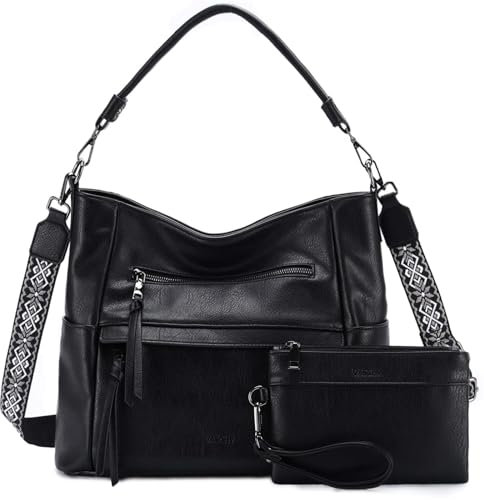 VASCHY Handtasche Damen, Vegan Große Hobo Bags Frauen Tote Bag Brieftaschen-Set Slouchy Umhängetasche Geldbörse Schwarz