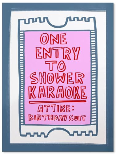 Divertido arte de pared para baño, diseño retro rosa y azul, cartel decorativo para pared, una entrada a la ducha, impresiones de karaoke para baño, inodoro, 12 x 16 pulgadas, sin marco