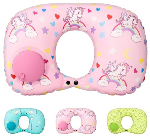 XIEXIESHER Einhorn Nackenkissen Aufblasbar, Nackenkissen Flugzeug, Nackenkissen Auto, Nackenkissen Reise, Schnelles Aufblasen Mit Druckknopf, Geeignet für Kinder, für Reisen, Camping, Büro und Auto