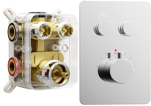 STARBATH Unterputz Thermostat für 2 Funktionen, Armatur mit Sicherheitssperre (SafetyStop) bei 38° Ceckiges Thermostat,Mischbatterie für 2 Verbraucher