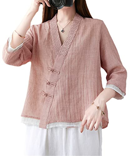 Chemise en coton et lin de style chinois pour femme Cheongsam Haut col en V Mince Tang Costume Chemisier Rétro Traditionnel Femme Hanfu, rose, M