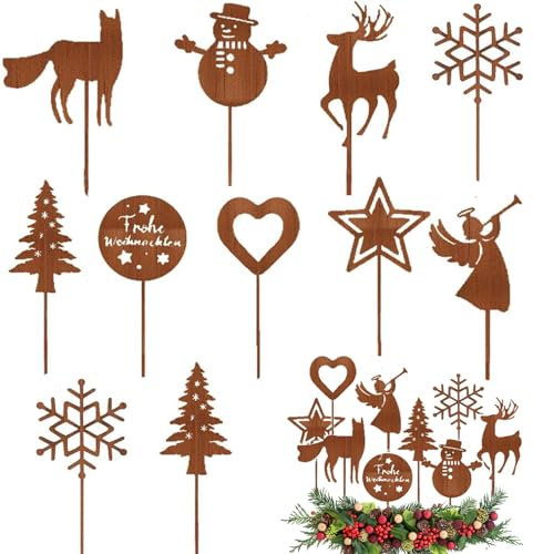 HERZONE 11pcs Gartenstecker Adventskranz Deko Roststecker Advent Rost Metall Weihnachten adventskranzstcker zum selber dekorieren (Stecker-Mix)