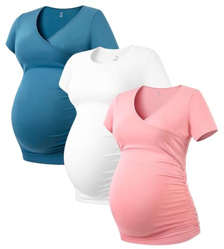 LAPASA Magliette maternità Pacco da 3 Donna Maniche Corte con Scollo Rotondo Gravidanza T-Shirt Premaman L55, Verde Scuro, Bianco Sporco, Rosa, M