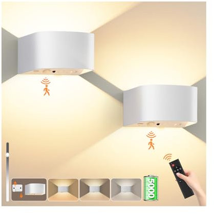 Midore Akku wandleuchte mit Fernbedienung, 5000mAh Wandleuchte Ohne Stromanschluss, Wandstrahler Innen Mit Sensorfunktion Wandlampe Mit Bewegungsmelder Wandleuchte Mit Timing-Funktion