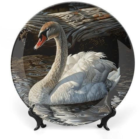 NTVOWPZO Dekorative Teller aus Knochenporzellan, Gans in der Nähe von Holz, Keramik, dekorative Teller, Wanddekoration mit Präsentationsständer, Keramikornamente für Wandbehang, Dekoration, 17,8 cm