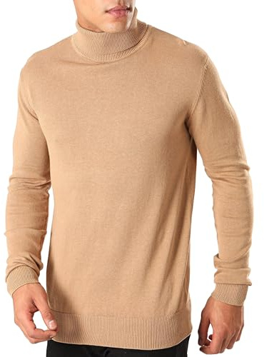 BRAVE SOUL Men’s Jumper High Neck Knitted Long Sleeve Winter Sweatshirt Pullover Top for Men - Tan - Large
