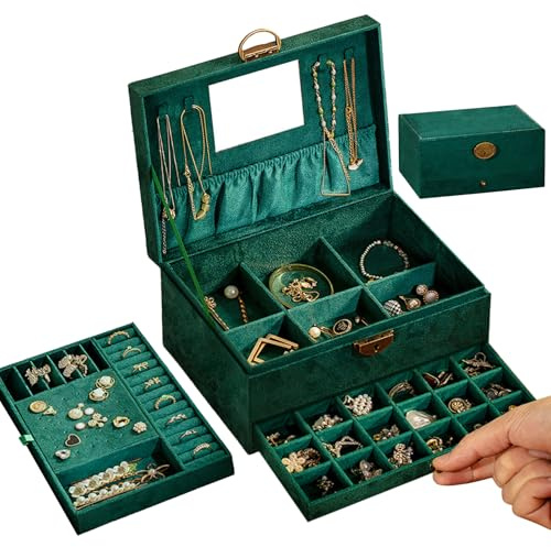 3-lagiger Schmuckkästchen-Organizer, große Kapazität, Samt-Schmuckschatulle mit Spiegel, große grüne Schmuckschatulle für Ringe, Ohrringe, Halsketten, Armbänder, Schmuck-Organizer, Aufbewahrungsbox