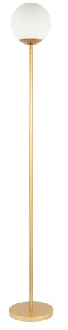 Happy Homewares Modern Satin Gold Standing Floor Lamp with Opal White Globe Glass Shade and Foot Switch Button | 170cm x 25cm | 1 x 11w