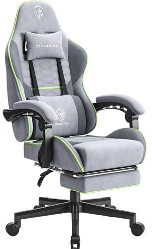 Dowinx Gaming Stuhl Bürostuhl Stoff Tasche Frühling Kissen, Massage Gamer Stuhl Stoff mit Kopfstütze, Ergonomische Bürostuhl mit Fußstütze (Grau und Grün)