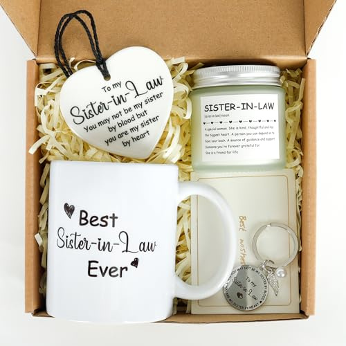 Sister-in-Law Gifts Perfect Presents for Birthday, Christmas, Wedding & Any Special Occasion,Gifts with Mug,Candle,Keychain,Heart Ornament