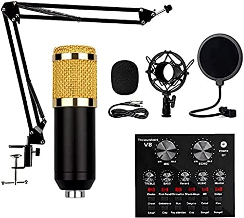 Condenser Microphone Set - Professional Kit with V8 Live Sound Card, Boom Arm, and Shock Mount for Broadcasting, Recording, YouTube, Podcast, Gaming