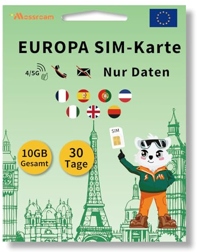 Europa 3-in-1-SIM-Karte: 10 GB Highspeed-Daten, 30-Tage-Prepaid-Tarif für 7 Länder, Hotspot-Unterstützung,Kein Vertrag, Keine Sprachanrufe, Keine SMS