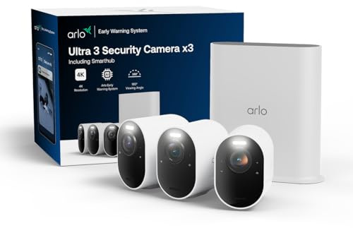 Arlo Ultra 3 4K Akku Überwachungskamera Aussen mit SmartHub, 3-Kamera-Set | 180° Sichtfeld, 4K UHD, Auto-Tracking, KI-Erkennung, SmartHub Speicher, Alexa, Arlo Secure Testzeitraum inklusive