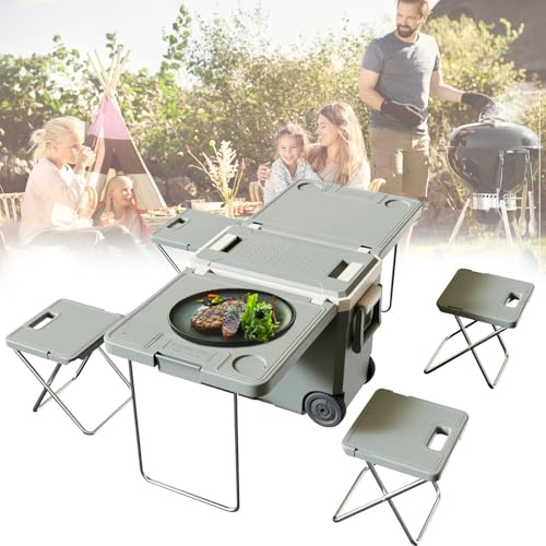 Nevera portátil de 32 litros con mesa y silla, nevera multifuncional con ruedas para camping, picnic, playa, barbacoa, fácil transporte y almacenamiento