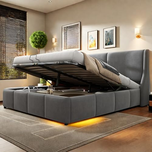 Bett 140 x 190 cm, Polsterbett Doppelbett mit Stauraum, Gepolstertes Boxspringbett mit Kopfteil und Lattenrost, Hydraulisch Stauraumbett, für Erwachsene und Jugendliche, ohne Matratze, Samt, Grau