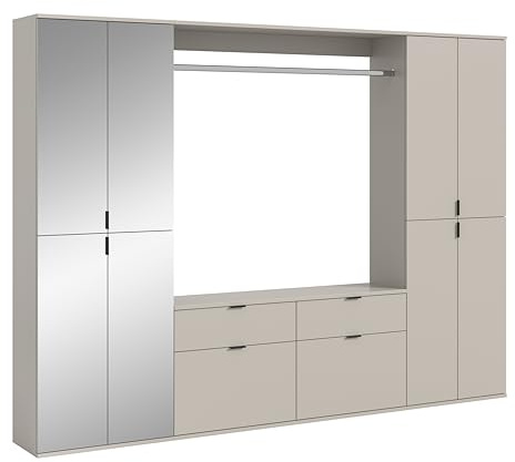xonox.home – 3 TLG. Garderobenkombination Projekt X 243x193x34 cm in Kaschmir Melamin – Set mit Spiegelschrank, breiter Kommode, Wandboard & Hochschrank – XXL Komplettlösung für Ihren Eingangsbereich