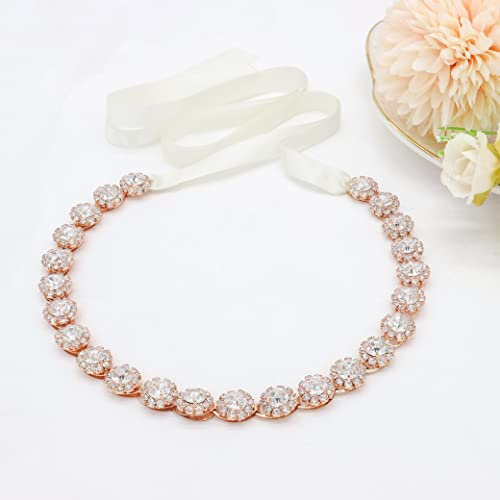 Ammei Rose Gold Bridal Headpiece Wedding Headband with Crystal and Ribbons Hair Jewelry (Rose Gold)