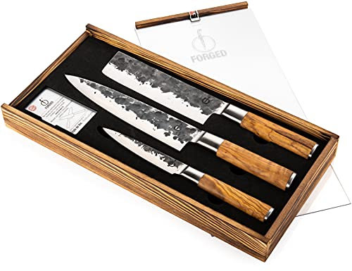 Forged Olive Messerset 3-teilig, handgefertigt, in Holzkiste