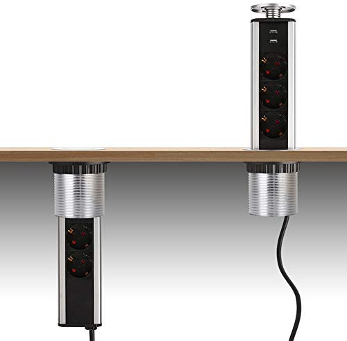 Logtronik Bloc Prise Encastrable à la Norme Européenne 3 Prises 2 USB Diamètre 80mm Prise Retractable Plan de Travail pour Cuisine ou Bureau
