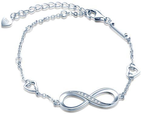 Bracelet pour femme avec symbole de l'infini et cœur, en argent 925 incrusté de zircones- bracelet réglable, Cadeau de Noël ou d'anniversaire, argent/or rose