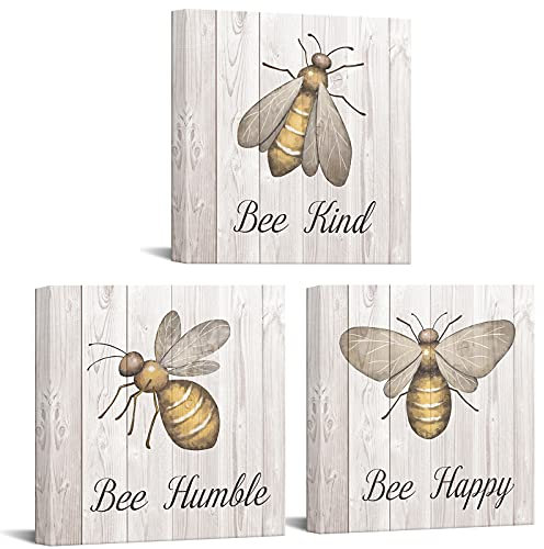 sechars 3-teiliges Leinwandbild, inspirierendes Motivationsposter, Biene, glückliche Honigbiene, Gemälde, Wanddekoration, Vintage-Zitat, Galerie, bereit zum Aufhängen (30.5 x 30.5 cm)