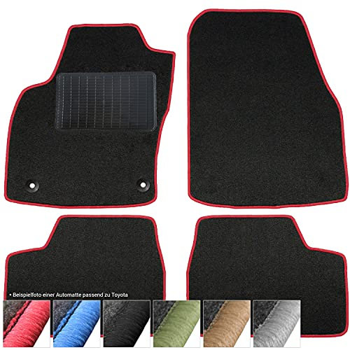 moto-MOLTICO Fußmatten Auto - Velours Autoteppiche passend für Toyota Yaris II (2005-2011) - 3-teiliges Set - Schwarze Automatten mit Roten Ziernähten