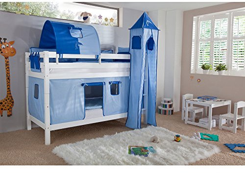 Relita Etagenbett Bert mit Stoffset blau, Buche massiv weiß lackiert