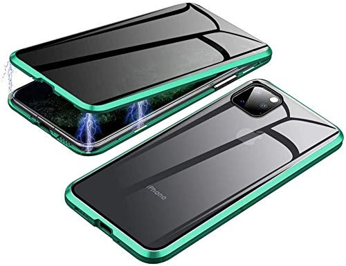 Anti-Peep Magnetic Case for iPhone 11 Pro max ，360 Anti-Peeping Case，Privacy Clear 9H Tempered Glass Front, Adsorption Case Double Sided Glass Pravicy Protection Metal Bumper Case Shockproof -green