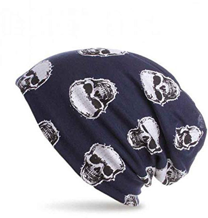 stylx Beanie Mütze mit Totenkopf Print im Destroyed Vintage Look, Slouch Longbeanie, Unisex (dunkelblau)