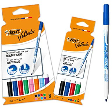 BIC Velleda 1721 - Feutres pour Tableau Blanc Effaçables à Sec Pointe Conique Fine - Couleurs assorties, Lot de 8+4