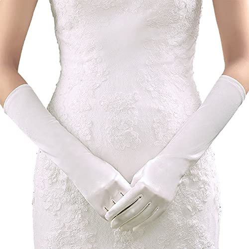 Acenai Long Stain Flapper Gloves Women's Elbow Length Black Opera Evening Party Wedding Gloves (White)