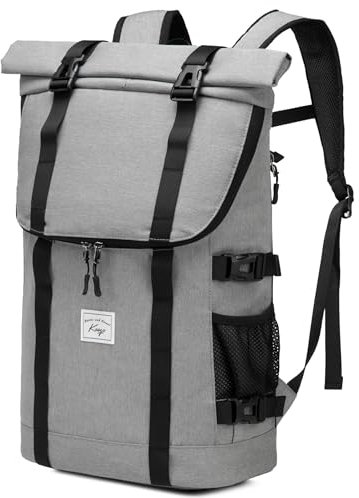 Kasgo Rolltop Rucksack, Fahrradrucksack Damen Herren 15,6 Zoll Laptoprucksack Gross Wasserabweisend Diebstahlsicher Cityrucksack Teenager mit Laptopfach für Arbeit Reise Schule 33L Hellgrau