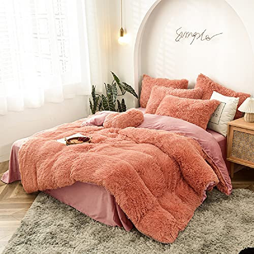 Sacebeleu Plüsch Bettwäsche Set 135x200cm Rosa Altrosa Warme Winter Flauschig Flanell Biber Mädchen Fleece Bettbezug mit Reißverschluss und 1 Kissenbezug 80x80cm