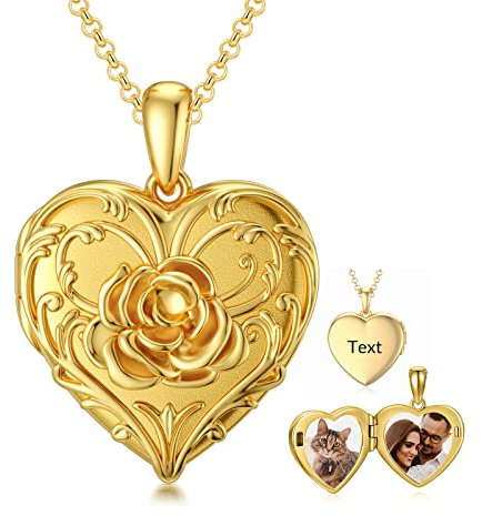 SOULMEET Solid Yellow Gold/Sterling Silver Personalized Rose Heart Shaped Locket Necklace That Holds Picture