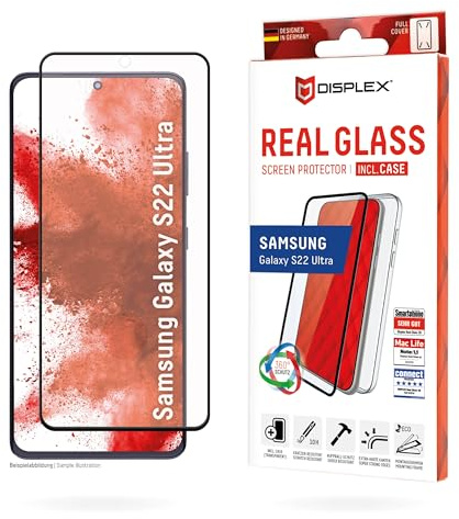 Schutzglas + Schutzhülle für Samsung S22 Ultra (10H), Eco-Montagerahmen | DISPLEX Premium Glass + transparente Schutzhülle, 10H Panzerglas, maximale Abdeckung, schwarzer Rand, Bruchschutz, kratzfest