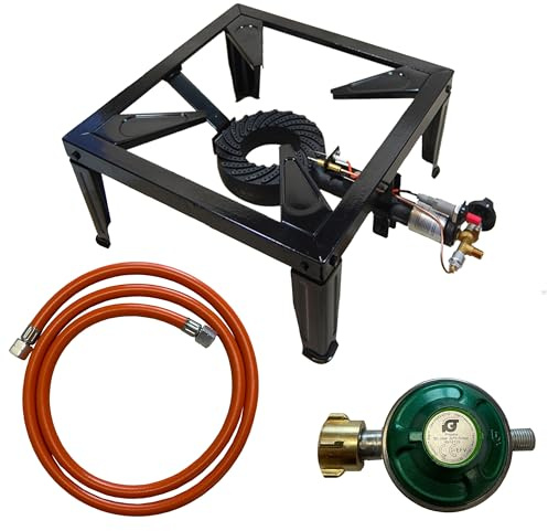 Tevex Gas Hockerkocher 10,5 kW – 4-Fuß Gestell, Piezo-Zündung, 1,5 m Schlauch & Druckregler – Outdoor Gaskocher für Camping, Gartenküche & Bierbrauen
