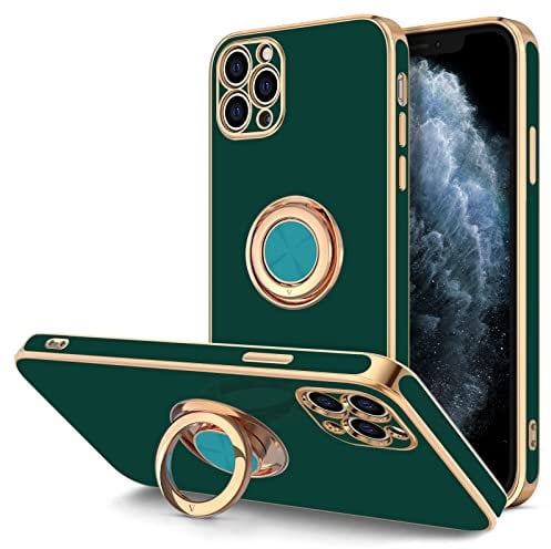 Hython for iPhone 11 Pro Max Case with Ring Stand [360°Rotatable Ring Holder Magnetic Kickstand] [Plated Rose Gold Edge] Soft TPU Cover Luxury Protective Phone Case for Women Men, Midnight Green