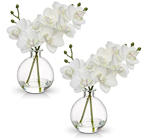 White Orchids Artificial Flowers Faux Orchid Arrangement with Clear Glass Vase Set of 2 Real Touch Phalaenopsis Orchid Flowers Orchid Centerpiece for Dining Room Table