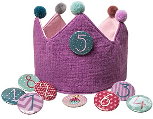 Papierdrachen Corona de muselina con números, color lila, para cumpleaños infantiles, corona de muselina con botones del 1 al 8, sombrero decorativo para fiestas para niños y niñas