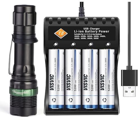 YUUGYD LED 18650 Torch, w/4 Flat top Rechargeable 18650 Battery and USB Charger, Zoomable, Water Resistant, Small Pocket 18650 Torch for Camping Hiking Dog Walking