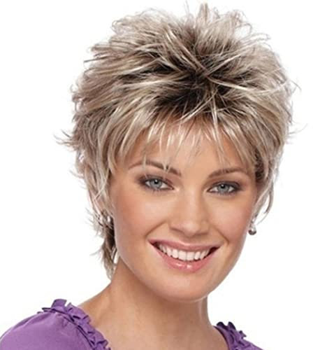 AIYLMZ Kurze Damen-Perücken mit Pixie-Schnitt, geschichtete natürliche synthetische Vollhaar-Perücken für Frauen, Cosplay-Ombre-Perücken für den täglichen Gebrauch (Braun-Grau-Mischung)