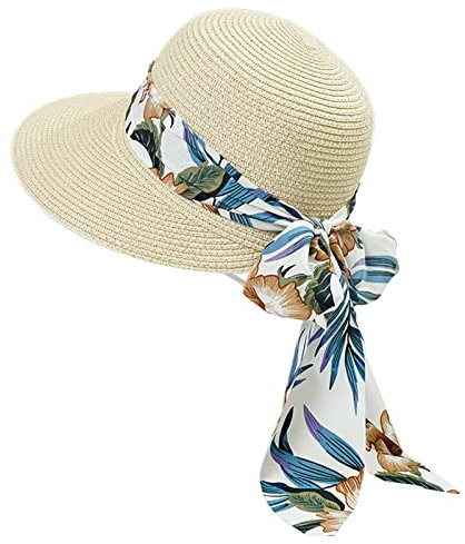 GizellMG Casquettes rétro Chapeau Paille Visières Femme Chapeau d'été Pliable Grande Bord avec Nœud pour Femme Fille Capline Vintage pour Plage 58CM Beige