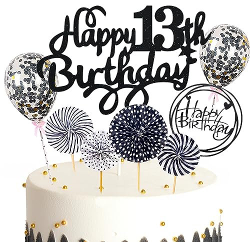Feelairy Tortendeko 13. Geburtstag Mädchen Jungen, Schwarz Kuchen Deko 13. Geburtstag Mädchen Jungen Cake Topper Happy Birthday Ballon Konfetti für Geburtstagstorte Deko 13 Jahre Kinder