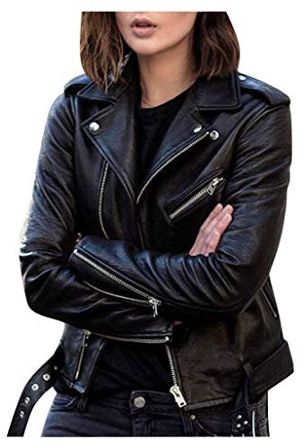 Übergangsjacke für Damen – Cooles Kunstleder Jacke mit langen Ärmeln und Reißverschluss, Herbstmantel, kurze Jacke, warm, große Größe, Schwarz, 46