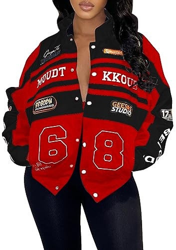 Angsuttc Varsity Jacket Women Motorcycle Race Car Marathon Jackets Casual Vintage Letterman Baseball Coats Red M