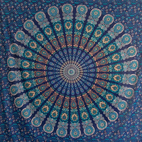 MOMOMUS Wandteppich Mandala - Mehrzweck, Bunt, 100% Baumwolle - Ideal als Wandteppich Aesthetic, Wandtuch Boho, Indischer Wandbehang aus Stoff oder Wall Tapestry - Blau, 135x210 cm