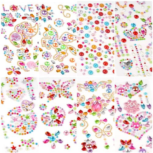 Glitzersteine Selbstklebend, 8 Blätter Strasssteine Selbstklebend, Acryl Bunt Sticker Glitzer, Einhorn Geschenke Mädchen Geschenke 5 6 7 8 9 Jahre für DIY Trinkflasche Baseballkappe (Bunt)